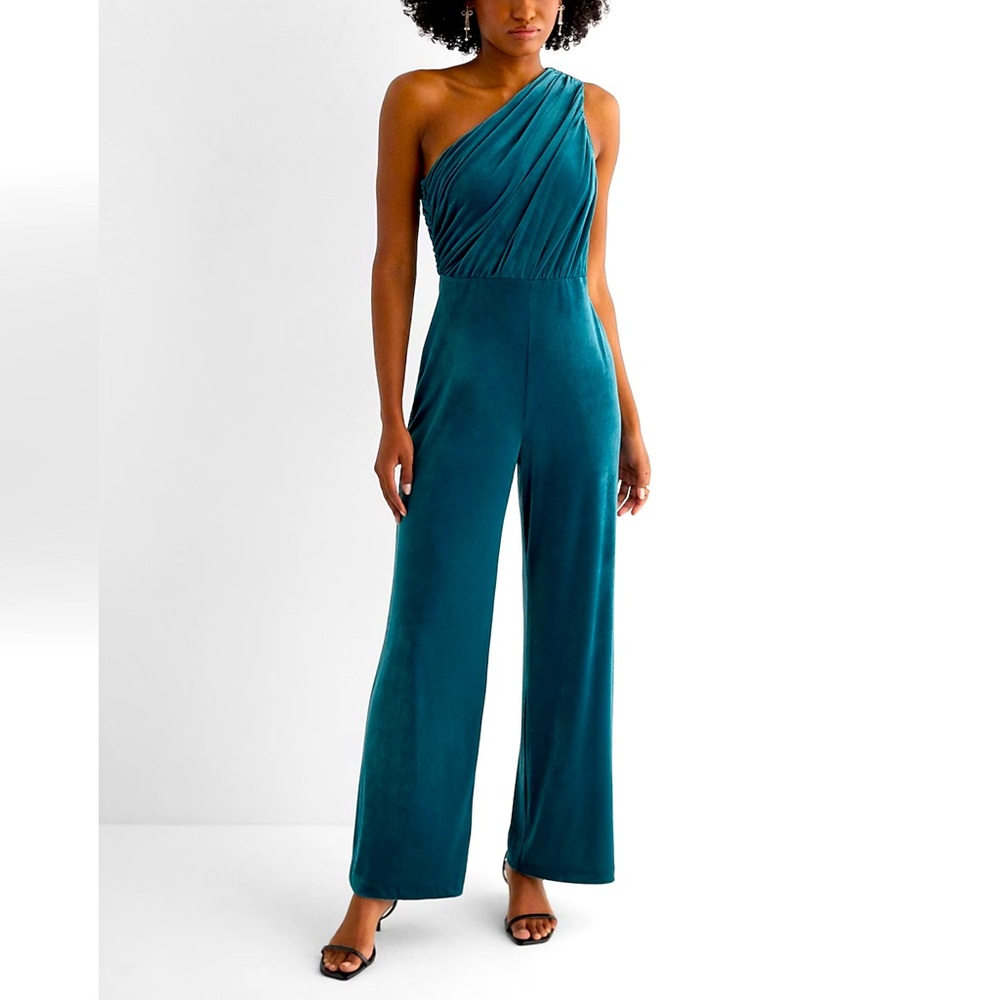 NWT Express Emerald Velvet Jumpsuit with One Shoulder Design/ Wide Legs
